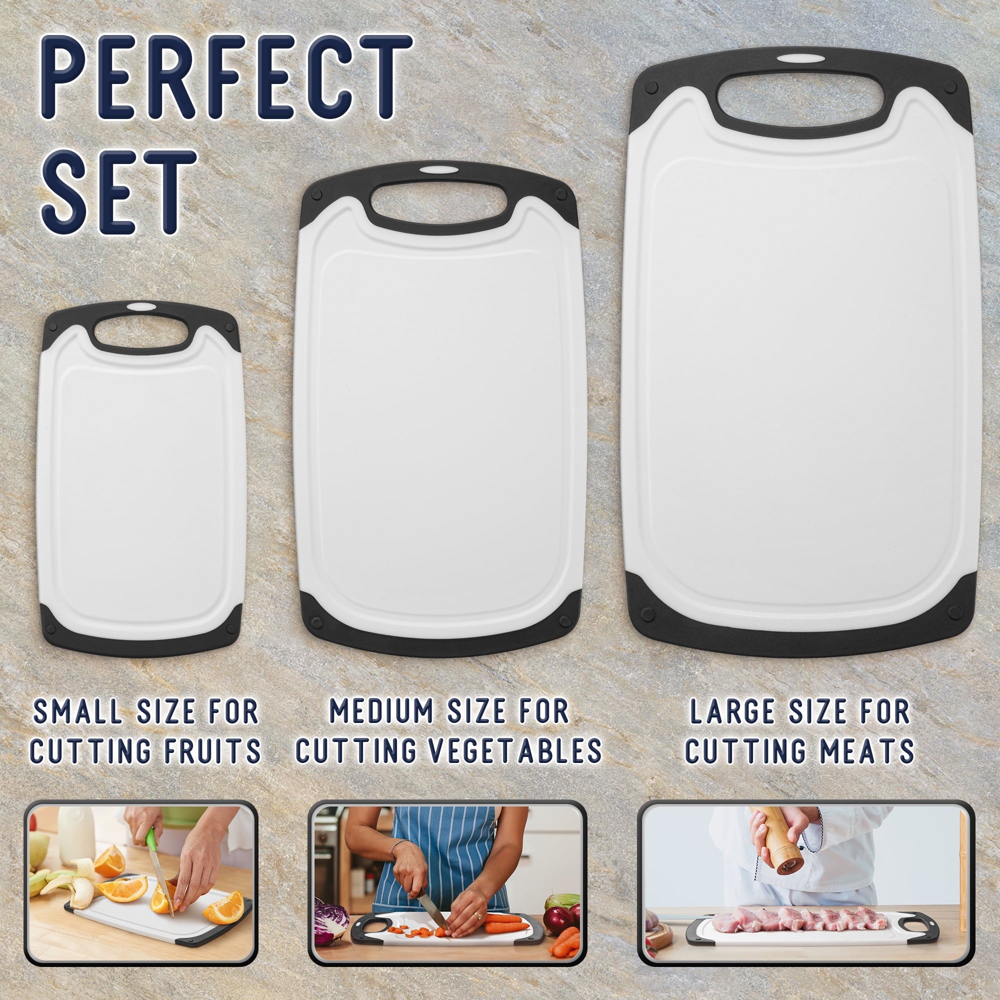 Kitchen Cutting Board Set (3 Pack) W/ Juice Groove, Non-Slip Boards for Safe Meat & Vegetables Chopping by EcoEarth