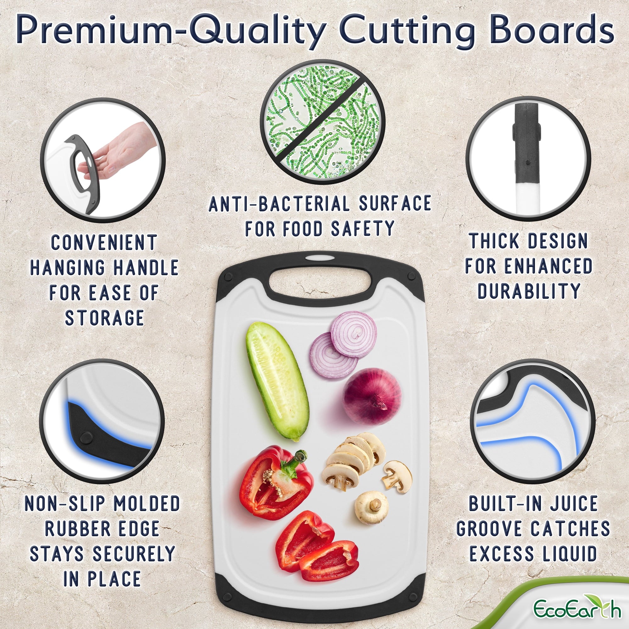 Kitchen Cutting Board Set (3 Pack) W/ Juice Groove, Non-Slip Boards for Safe Meat & Vegetables Chopping by EcoEarth